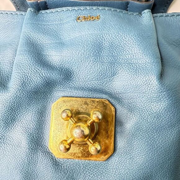 Chloé Elsie Satchel Blue Leather Top Handle Bag Gold Turnlock - Picture 7 of 14